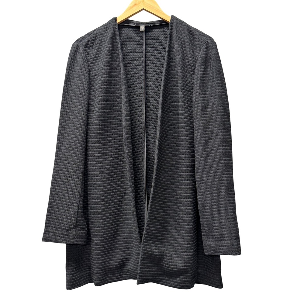 Eileen Fisher Open Front Cardigan Womens Medium Textured Knit Black Minimalist